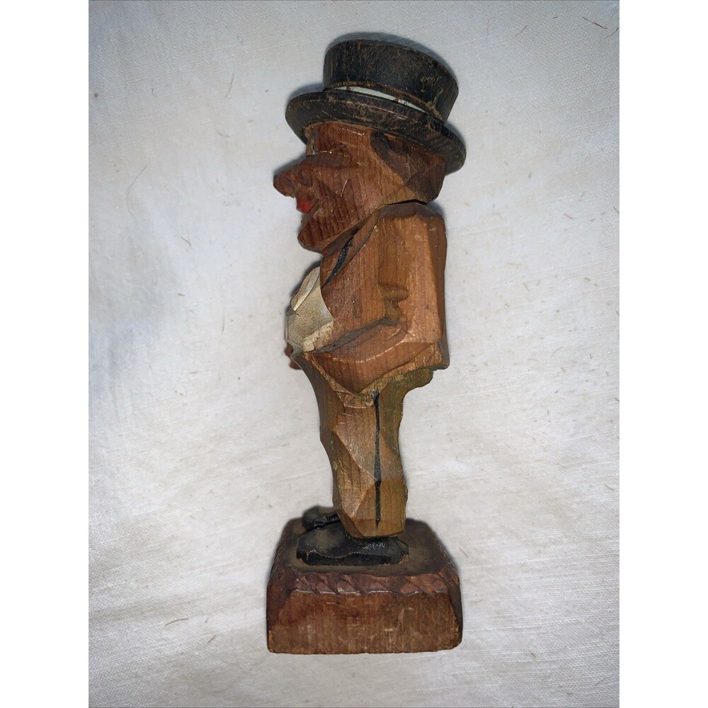 Vintage Hand Carved Wooden Man FolkArt Villager Figurine Top Hat Cane ANRI Style - Picture 6 of 16